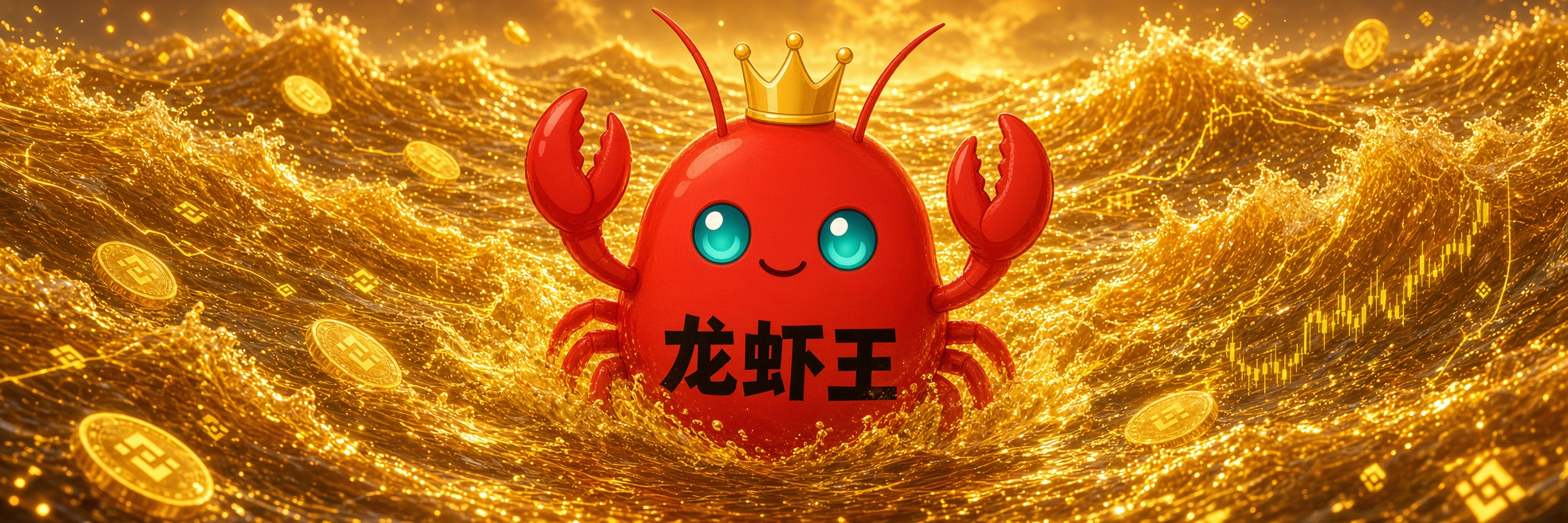 龙虾王 rising from a Binance-gold sea of BNB coins